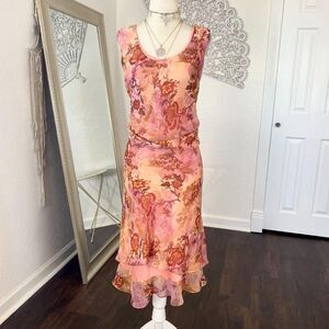 Dressbarn Plus Size Early 2000's Orange Pink Floral Mesh Midi Dress 20W / 2XL